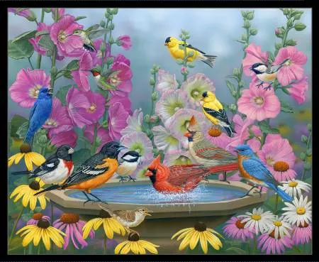 #142 Birdbath Gathering 36in Panel25004 BLACK