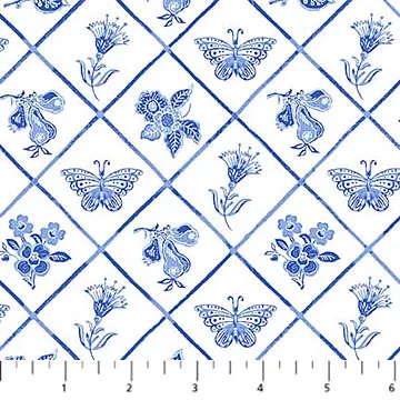 28359-10 Delft Dynasty Flower Grid Blue Northcott Fabrics Sold By the