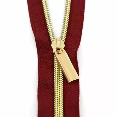 Zippers by the Yard (3 yards #5) Burgundy Tape Gold Coil (Sallie Tomato)