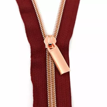 Zippers by the Yard (3 yards #5)Burgundy Tape Rose Gold Coil (Sallie Tomato)